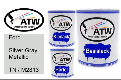 Ford, Silver Gray Metallic, TN / M2813: 1L Lackdose + 1L Klarlack + 500ml Härter - Set, von ATW Autoteile West.